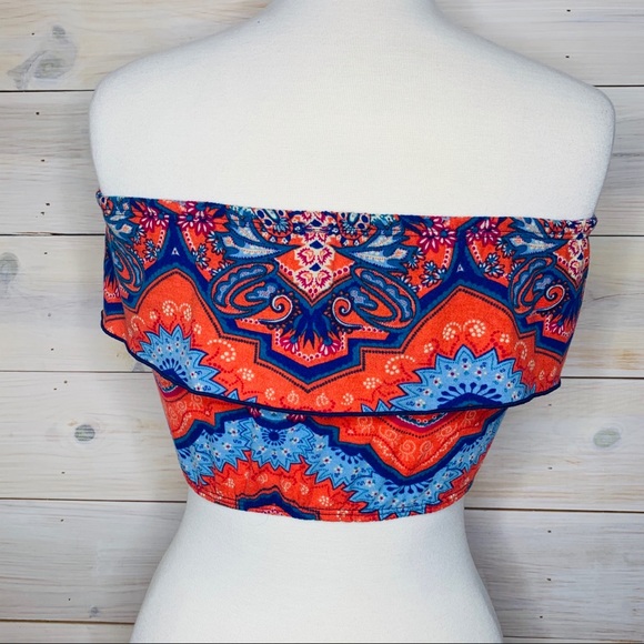 Red & Blue Ruffled Paisley Strapless Crop Top - Picture 5 of 6